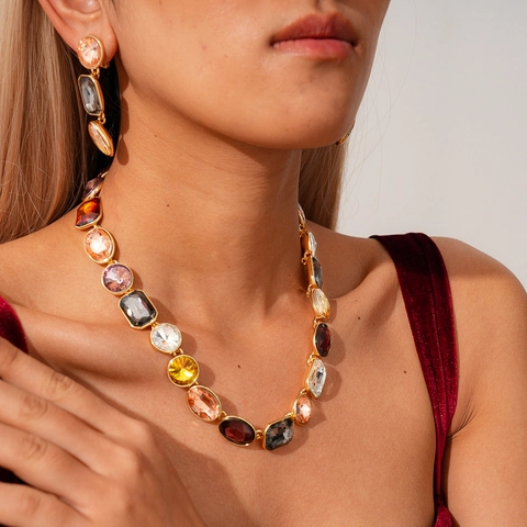 Retro Geometric Jewelry Necklace And Earrings Multi-Color Rhinestone Alloy Ethnic Style Sweater Chain Luxury For Women