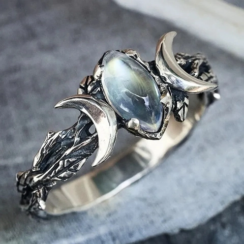 Vintage Alloy Ring With Marquise Imitation Moonstone Triple Moon Crescent Branch Texture Gothic Boho Jewelry For Women