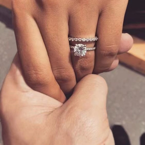 Luxury Round Cubic Zirconia Solitaire Ring And Matching Half Eternity Band Copper White Gold Plated Engagement Wedding Jewelry