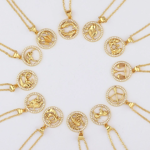 Zodiac Constellation Necklace Gold Plated Copper Round Cubic Zirconia Pendant Personalized Jewelry For Women