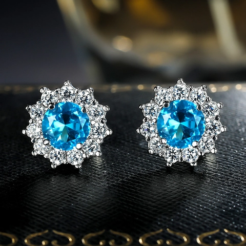 Sunflower Stud Earrings Copper Round Colorful Zircon Halo Snowflake Shape Elegant Fashion Jewelry For Women