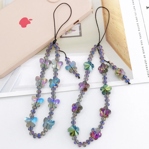 Beaded Phone Lanyard Iridescent Crystal Butterfly Plum Blossom Anti-Lost Wrist Strap Hand Chain Charm