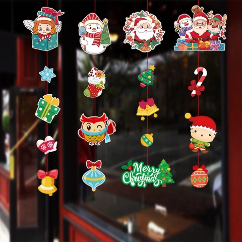 Christmas Hanging Decoration Strips Paper Cartoon Santa Claus Snowman Reindeer Patterns Holiday Party Window Door Decor