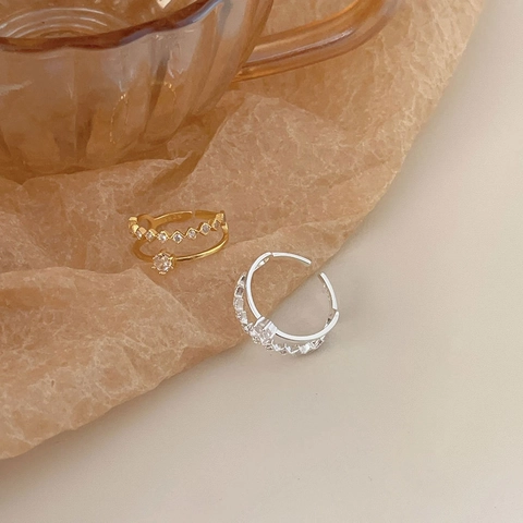 925 Sterling Silver Adjustable Ring Double Layer Zircon Heart Geometric Korean Style Dainty Jewelry For Women
