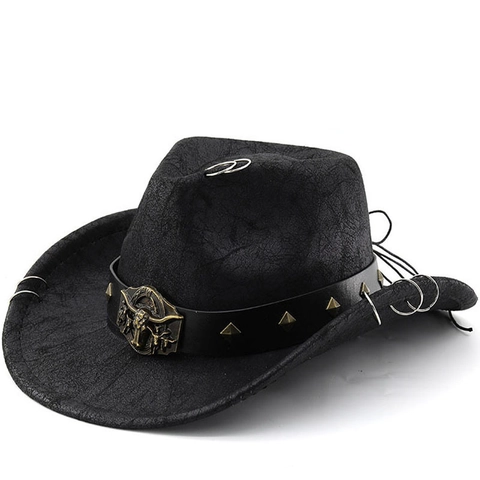Cappello Da Cowboy Western Ecopelle Invecchiata Con Fibbia A Testa Di Toro Borchie Anelli Di Metallo Stile Punk Retrò Vintage Unisex