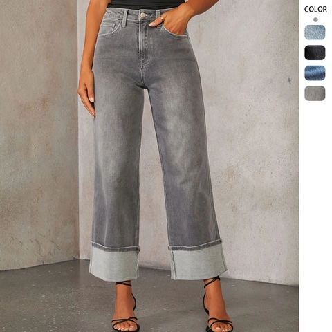 Women High Waisted Straight Jeans Cotton Polyester Denim Distressed Vintage Streetwear Wide Cuffed Hem Stretch Long Pants