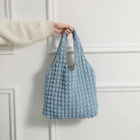 Popcorn Fabric Tote Shoulder Bag Polyester Bubble Texture Pleated Large Capacity Daily Casual Korean Style For Women