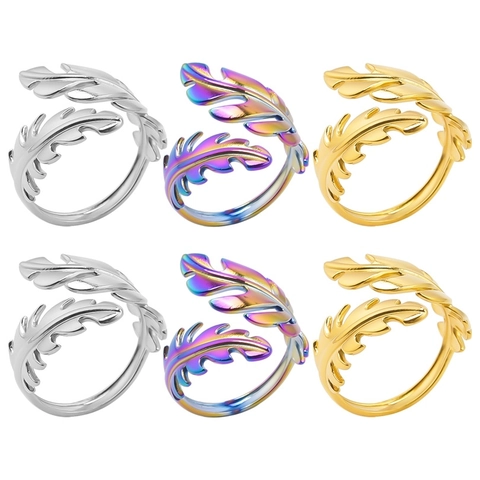 304 Stainless Steel Leaf Adjustable Ring Minimalist Nature Feather Open Finger Jewelry For Women Men
