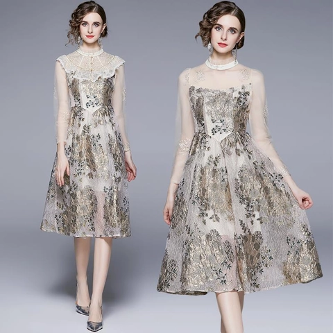 Elegantes Französisches Vintage Midikleid Für Damen Mit Mesh Langärmeln Spitzen Stehkragen Champagner Gold Stickerei Jacquard