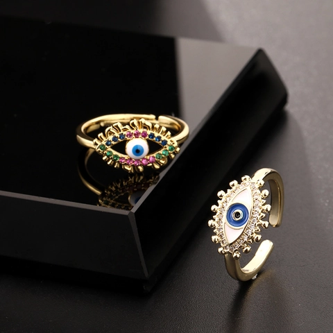 Bohemian Copper Colorful Enamel Evil Eye Open Rings For Women Zirconia Inlaid Adjustable Gold Plated Minimalist Fashion Finger Rings Jewelry