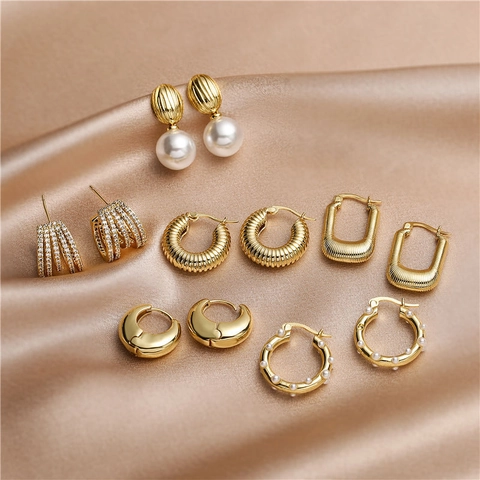 Orecchini A Cerchio In Ottone Placcato Oro 18K Filettati Geometrici Perla Artificial Zircone Moda Per Donne