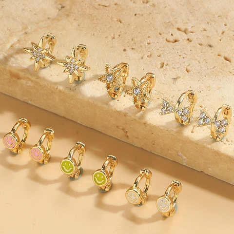 Delicate Copper Zirconia Huggie Earrings For Women Gold Plated Star Flower Bowknot Smiley Face Small Hoop Earrings Fashion Jewelry