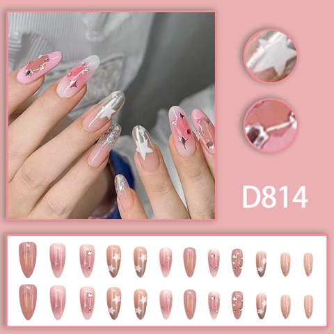 Press On Nails Almond Pink Gradient With Rhinestones White Star Glitter Glossy Fake Nails For Women Daily Party