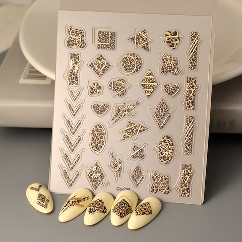 Leopard Print Nail Stickers Gold Bronzing Embossed Waterproof Geometric Heart Star Nail Art Decals For Women