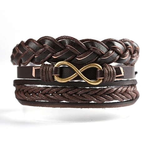 Vintage Mehrlagiges Geflochtenes Lederarmband Mit Legierung Unendlichkeitssymbol Anhänger Verstellbar Braun