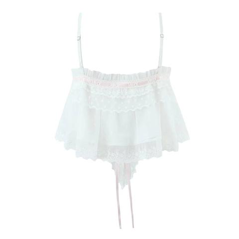 Weißes Spitze Camisole Mesh Top Punktiert Rosa Schleife Süßer Stil Verstellbare Träger Damen Mode Lässig