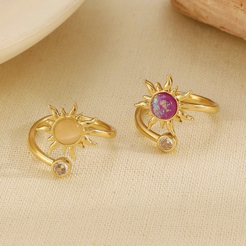 Women Fashion Copper Sun Flower Open Ring With Rhinestone Purple Cat Eye Style Sunburst Adjustable Gold Finger Ring Jewelry