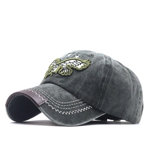 Vintage Washed Cotton Denim Baseball Cap With Eagle Embroidery Leather Trim Adjustable Retro Sun Hat For Men Women