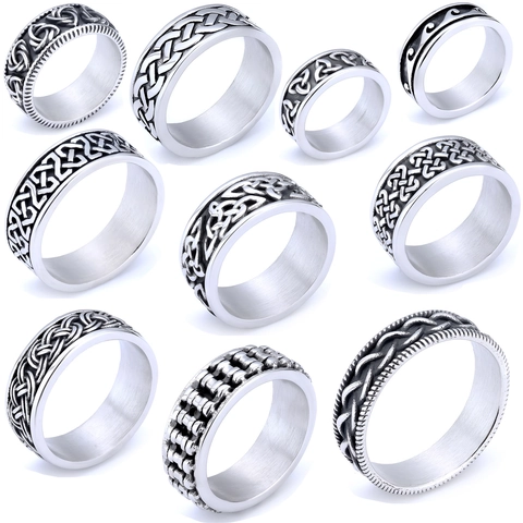 Stainless Steel Rings For Men Vintage Viking Celtic Knot Wave Pattern Band Jewelry Punk Industrial Style Unisex
