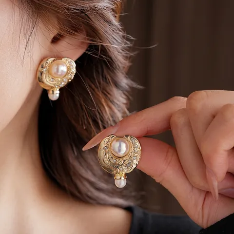 Vintage Artificial Pearl Drop Earrings For Women Luxury Rhinestone Alloy Jewelry With 925 Sterling Silver Earring Post Palace Style