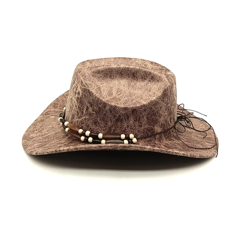 Chapeau De Cow-Boy Occidental Vintage Polyester Distingué Large Bord Bande Perle Boucle Métal Jazz Unisexe