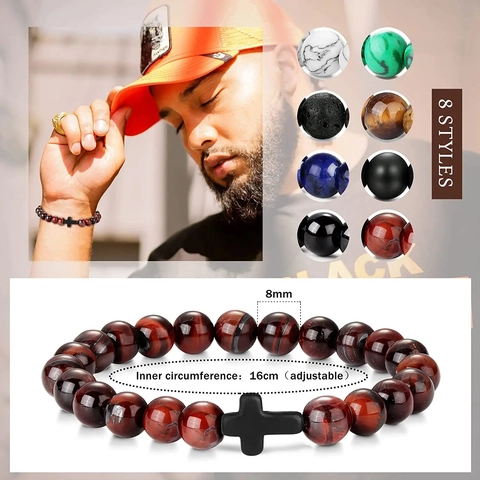 Pulsera De Cuentas De Cruz Para Hombre Piedra Natural Ojo De Tigre Piedra De Lava Turquesa Elástica Joyería Minimalista