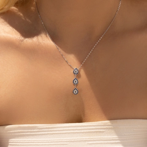 925 Sterling Silver Evil Eye Necklace For Women Zirconia Inlaid Water Drop Clavicle Y Chain Fashion Jewelry Anniversary Gift