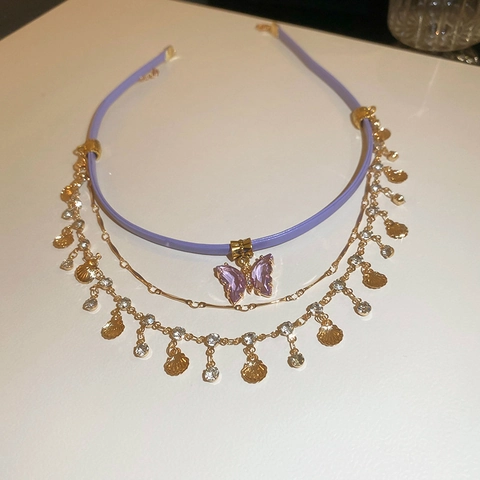 Collier Multicouche Pendentif Papillon Coquillage Choker Alliage Zircon Strass Cuir Violet Bohême Pour Femmes