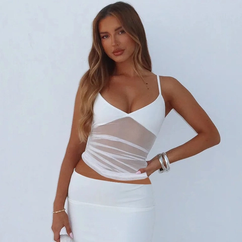 Sexy Damen Mesh Patchwork Camisole Crop Top Und Enger Bodycon Rock Kleidung Streetwear Einfarbig Stilvoll