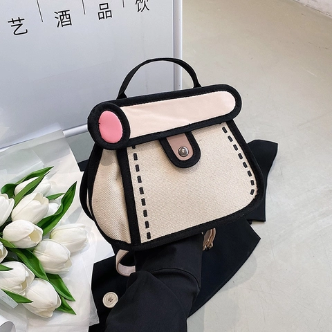 2D Cartoon Manga Stijl Crossbody Tas Canvas Handtas Met Metalen Kettingriem Color Block Modeontwerp Voor Dames