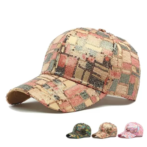 Sparkling Sequin Baseball Cap Polyester Shiny Geometric Grid Pattern Adjustable Curved Brim Sun Hat Women Outdoor Fashion