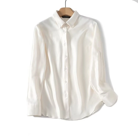 Satin Long Sleeve Shirt Women Elegant Lapel Button Down Blouse Satin Like Office Lady Casual Top