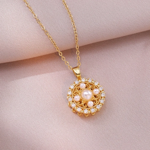 Vintage Edelstahl Blume Perle Anhänger Halskette Für Damen Imitierte Perle Zirkonia Gold Silber Plattiert Hof Schmuck