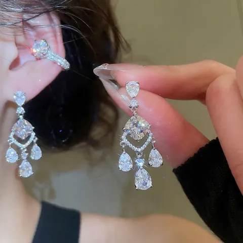 Orecchini Pendenti Nappa Goccia Acqua Per Donna Gioielli Zircone Rombo Lusso Con Perno Orecchio Argento Base Rame