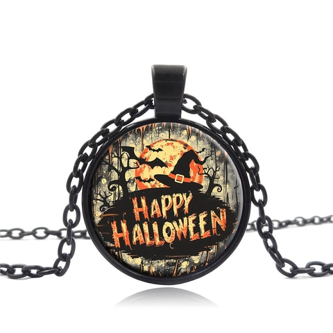 Collana Halloween Cabochon Vetro Pendente Cappello Strega Pipistrello Luna Catena Lega Nera Gioielli Gotici