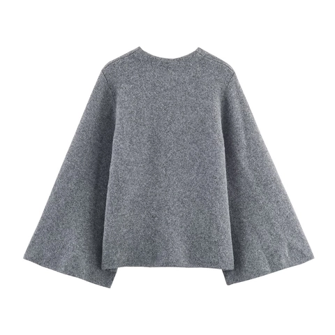 Elegante Cappotto A Mantella In Lana Grigia Da Donna Bottone Singolo Fiocco Laterale Giacca Poncho In Maglia Manica A Pipistrello