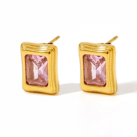Emerald Cut Cubic Zirconia Stud Earrings Stainless Steel 14K Gold Plated Geometric Square French Retro Elegant For Women