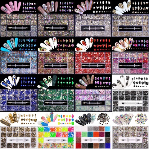 Nail Art Rhinestones Collection Mixed Shapes Flatback Glass Diamonds With Dual-Ended Dotting Pen Professional DIY Decor