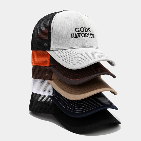 God's Favorite Bordado Trucker Hat Malla Transpirable Gorra De Béisbol Visera Curva Ajustable Deportes Al Aire Libre