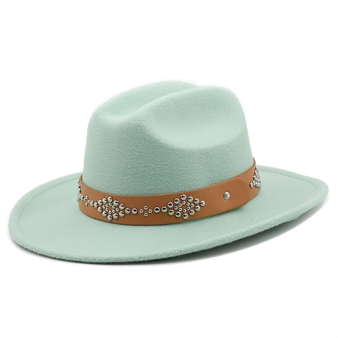 Cappello Fedora A Tesa Larga In Feltro Di Lana Stile Western Cowboy Con Fascia In Pelle E Borchie Per Uomo Donna
