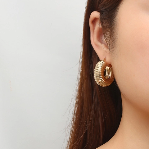 Orecchini A Cerchio Spessi E Cavi Alla Moda Acciaio Inossidabile Placcato Oro Design A Spirale Filettato Stile Vintage Per Donna