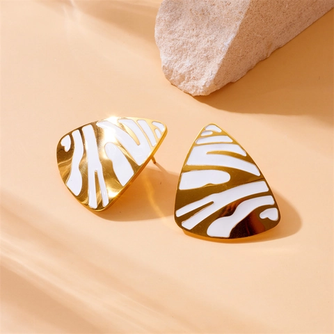 Geometric Triangle Stud Earrings With White Enamel Zebra Pattern Retro Stainless Steel Jewelry For Women