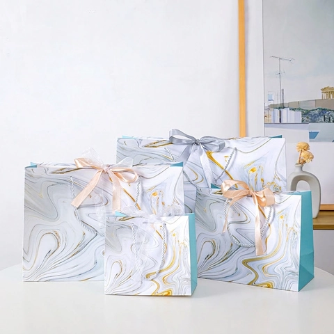 Marble Pattern Paper Gift Bag With Ribbon Bow And Handle Elegant Cardboard Packaging For Birthday Wedding Party