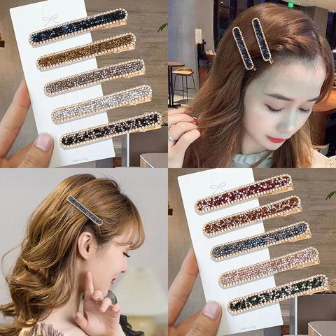 Elegant Rhinestone Hair Clip Sparkling Faux Artificial Pearl Alloy Barrette Korean Style Side Pins For Women Daily Party Headwear