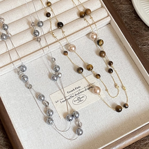 Collier Sautoir Künstliche Perles Œil De Tigre Rétro Chaîne Pull Alliage Bijoux Station Longue Pour Femmes Style Français Luxe Léger