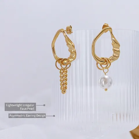 French Vintage Asymmetrical Irregular Hoops Earrings With 18K Gold Plated Titanium Steel And Shell Artificial Pearl Chain Drop For Women