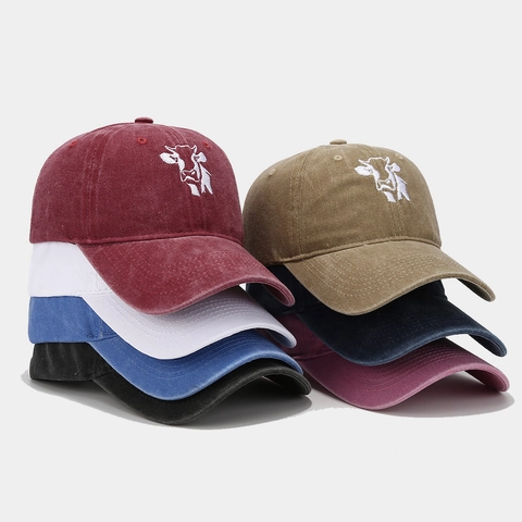 Casquette De Baseball Coton Lavé Broderie Vache Protection Solaire Style Vintage Délavé Pour Hommes Et Femmes Réglable
