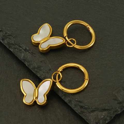 Pendientes De Aro Con Mariposa Acero Inoxidable Chapado En Oro 18K Nácar Incrustado Joyería Elegante Mujer