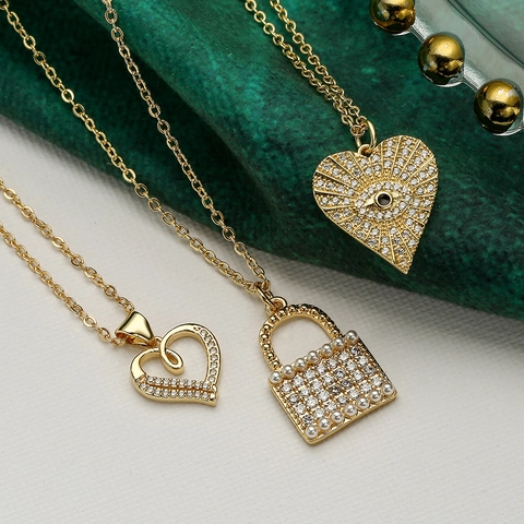 Collar Con Colgante De Corazón Cerradura Mal De Ojo Para Mujer Cobre Chapado En Oro Con Circonita Y Perla Artificial Joyería Elegante