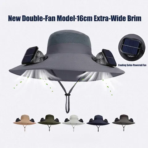 Solar Powered Dual Fan Bucket Hat Nylon Wide Brim Breathable Mesh Outdoor Fishing Hiking Sun Protection Waterproof